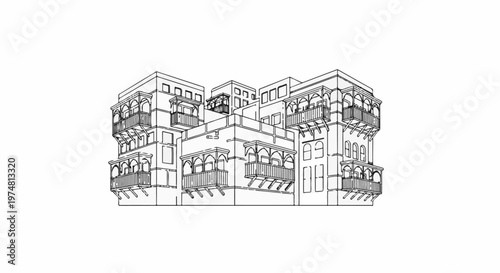 Intricate line drawing of a multi-story building with ornate balconies and arched windows