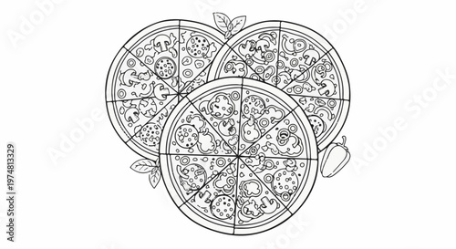 Three delicious pizzas with assorted toppings, a pepper, and leaves