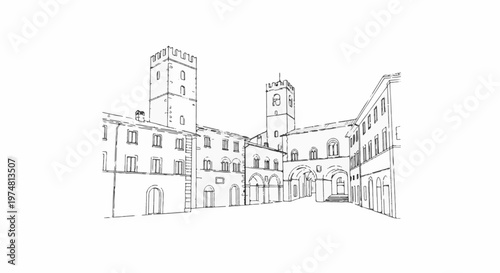 Sketch of a historic courtyard with crenellated towers and arched entrances