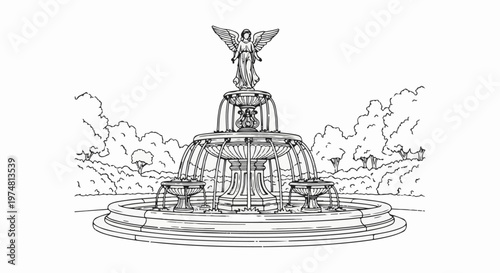 An ornate tiered fountain with an angel statue, surrounded by lush trees and foliage