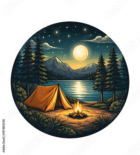 Camping Tent And Campfire By Lake Under Moonlit Starry Night Sky