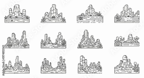 Stylized desert rock formations with cacti and layered ground in a monochromatic design