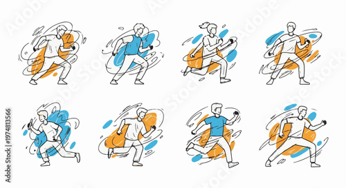 Stylized figures of people running with abstract colorful shapes