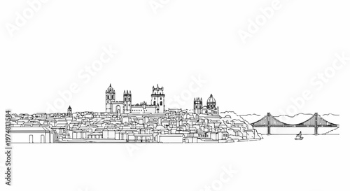 Stylized line drawing of a city skyline featuring historical architecture and a suspension bridge