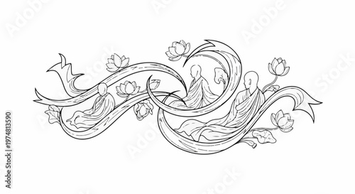 Stylized monks meditate among swirling lines and lotus flowers