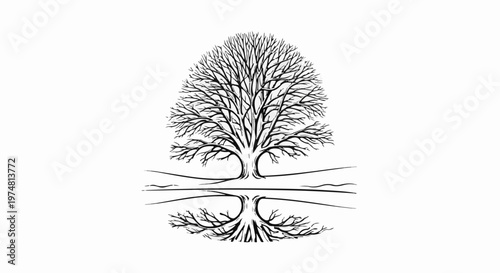A stark, black and white illustration of a leafless tree and its mirrored roots