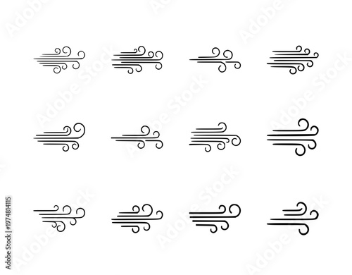 Set of minimalist wind gust silhouettes, creative air flow motion icons and abstract breeze swirl symbols vector illustration.