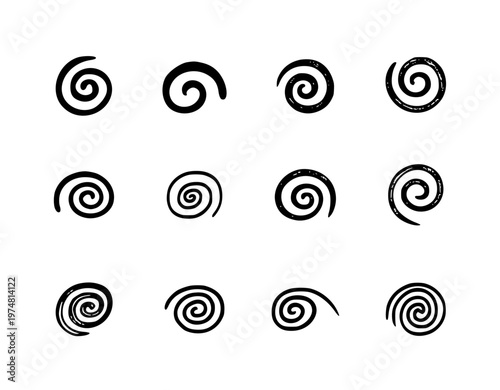 Set of minimalist spiral silhouettes, creative hand-drawn swirl icons and abstract circular motion symbols vector illustration.