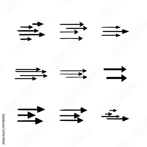 Set of minimalist multi-line horizontal arrows, creative parallel directional pointers and abstract linear motion silhouettes vector illustration.
