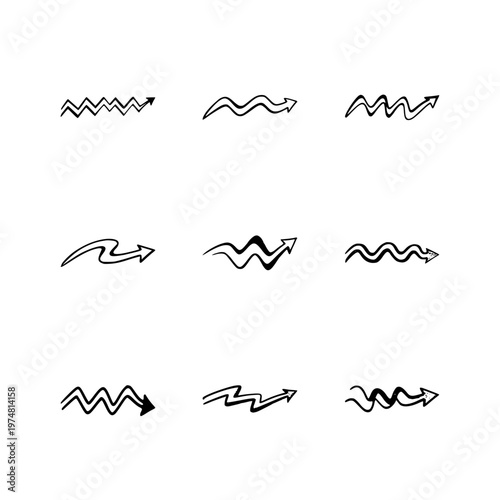 Set of minimalist wavy line arrows, abstract multi-line directional pointers and fluid motion motion curve silhouettes vector illustration.