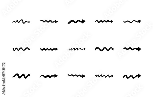 Set of hand drawn wavy arrow silhouettes with grunge ink texture, creative rough brush stroke pointers and abstract linear directional symbols vector illustration.
