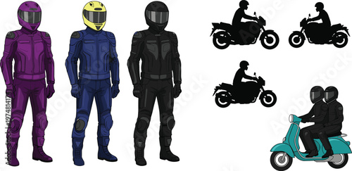 Motorcycle rider character set with helmet protective gear scooter silhouettes motorbike driver outfit safety clothing biker vector illustration collection