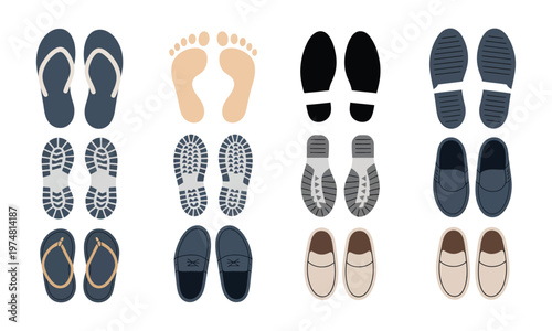Footprint vector various footwear isolated white background modern flat illustration clean minimal design symbols.