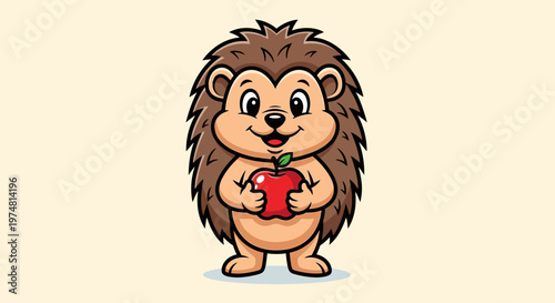 Cartoon Hedgehog Holding Red Apple.