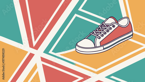 Abstract background vector illustration featuring an isolated pair of new white leather sneakers with sports laces and rubber soles for a modern fashion and running footwear style