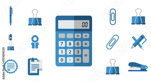 blue office supplies icons with calculator