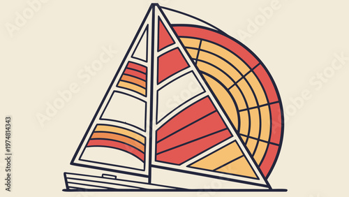 Colorful paper art vector illustration of a sailing ship featuring a rainbow palette design and pantone circle icons for a business card pattern