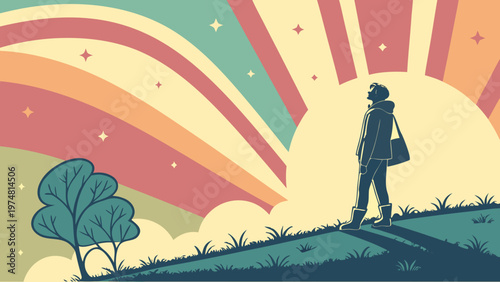 A silhouette of a romantic couple and their child walking through a summer park landscape at sunset with a beautiful tree and grass under a glowing sky vector illustration