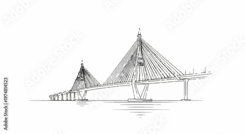 Pen sketch of a modern cable-stayed bridge spanning across water
