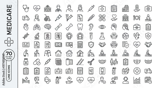 A comprehensive collection of black and white line icons related to healthcare and medical services for Medicare, including various symbols and graphics representing different aspects of medical care.