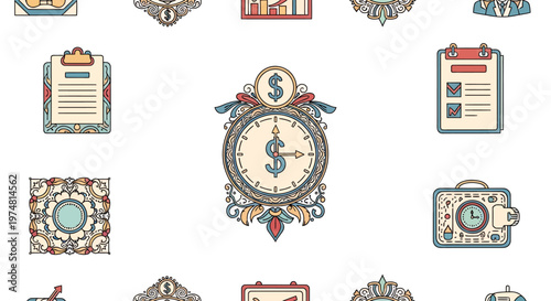 Vintage finance icons set with clock and dollar symbols