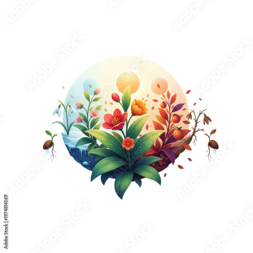 Floral Cycle of Seasons with Sun and Seeds