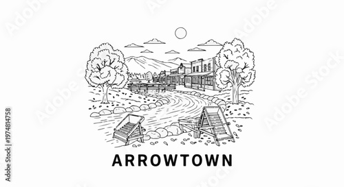 Hand-drawn illustration of an old western town with a winding road