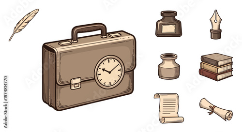 vintage briefcase with clock and writing tools