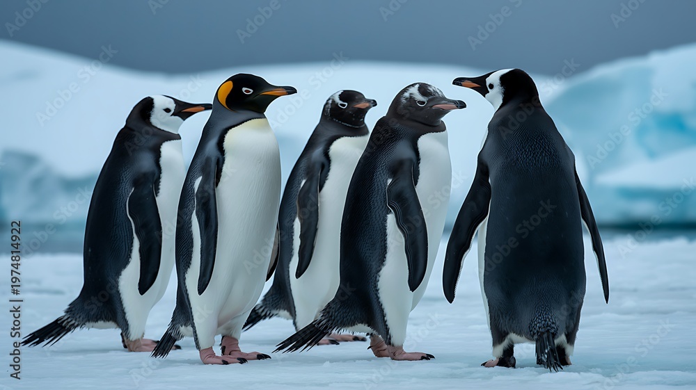 Obraz premium A group of penguins standing on ice and snow in their natural habitat environment
