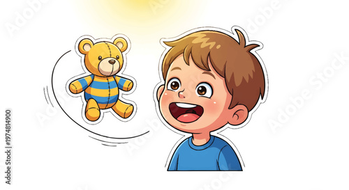 Boy excitedly watching teddy bear float in air with joyful surprise