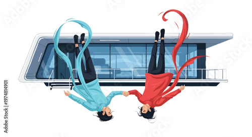 Two cartoon people doing acrobatics outdoors near modern building