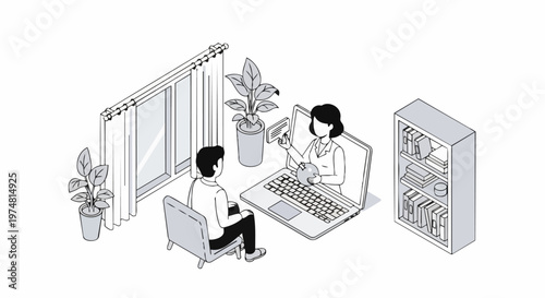 Isometric Telemedicine Illustration of Patient Consulting with Online Doctor or Nutritionist via Laptop