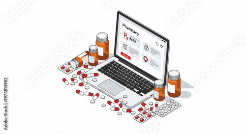 Online Pharmacy and Digital Healthcare Concept with Laptop, Medicine Bottles, and Prescription Pills - Isometric Illustration