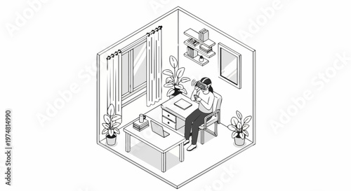 Isometric Line Art Illustration of a Woman Using a VR Headset in a Home Office