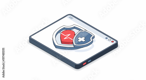 Isometric 3D Illustration of Health Insurance and Digital Healthcare Protection on a Tablet with Heart and Medical Shield Icons