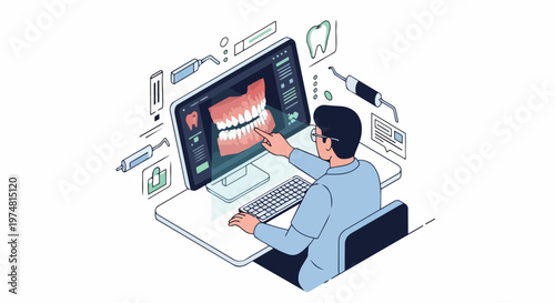 Digital Dentistry and Orthodontic Analysis: Professional Dentist Reviewing 3D Teeth Scan on Computer for Dental Care Planning