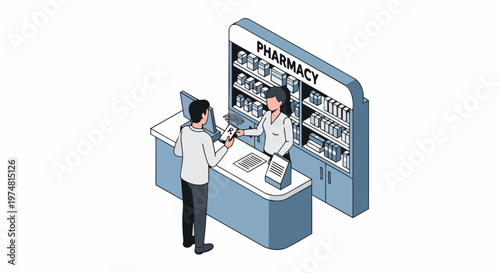 Isometric Illustration of Customer using Smartphone for Digital Prescription or Mobile Payment at a Pharmacy Counter. Healthcare Technology and Modern Drugstore Concept.