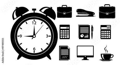 black and white illustration of office supplies and clock