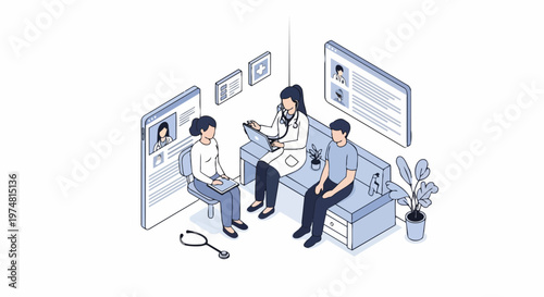 Modern Isometric Healthcare Illustration of Telemedicine Consultation with Doctor and Patients using Digital Technology and Online Medical Records