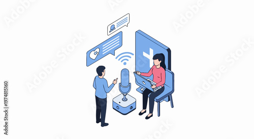 Isometric Illustration of People Recording a Podcast or Live Stream for Social Media Content Creation