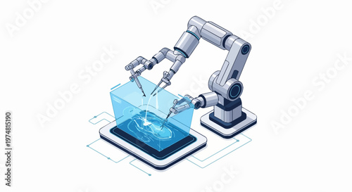 Isometric Robotic Surgical Arm Performing Digital Procedure on Holographic Human Body for Future Medical Technology Concept