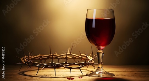 Easter day reflection glass of wine and crown of thorns religious symbolism