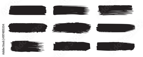 Black grunge brush stroke set. Hand drawn ink paint lines and distressed censorship bars. Professional vector asset pack for urban street art design.
