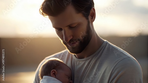 Father Day A bearded man tenderly holding a sleeping baby against a softly lit background.