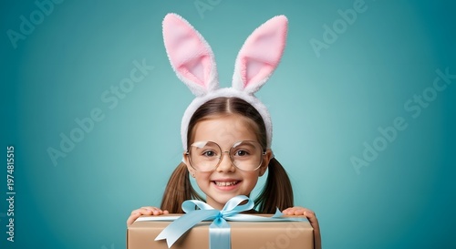 Joyful easter day celebration cute girl with bunny ears and gift box