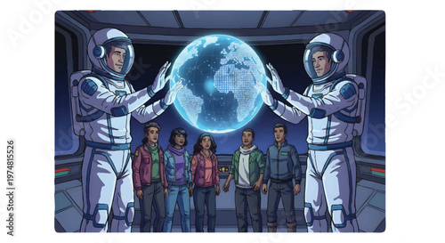 Astronauts and diverse group presenting the Earth in space