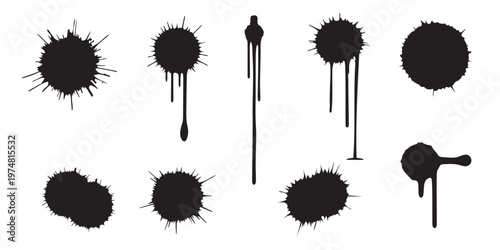 Black ink splatter set. Dripping paint splashes and messy liquid stains. Vector texture design elements.