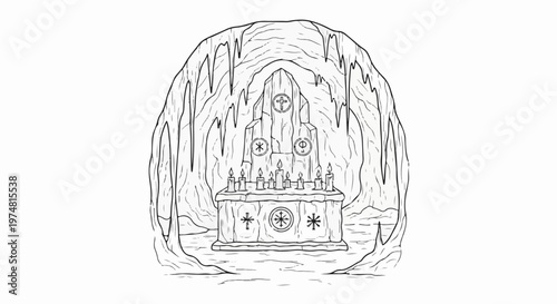 A cave altar adorned with symbols and lit by candles, with icicles overhead