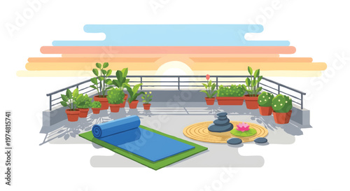 Yoga on rooftop with sunset view and plants around
