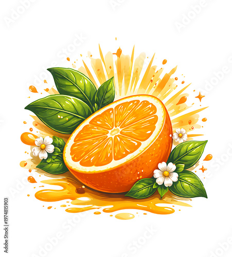 Juicy Orange Slice With Leaves And White Flowers Splash